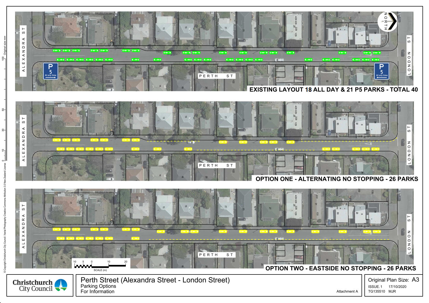 Plan showing the existing layout on Perth Street, including P5 zones, Option one with alternating no stopping and Option two with eastside no stopping. 