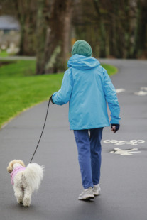 Woman walking her dog on a shared path.