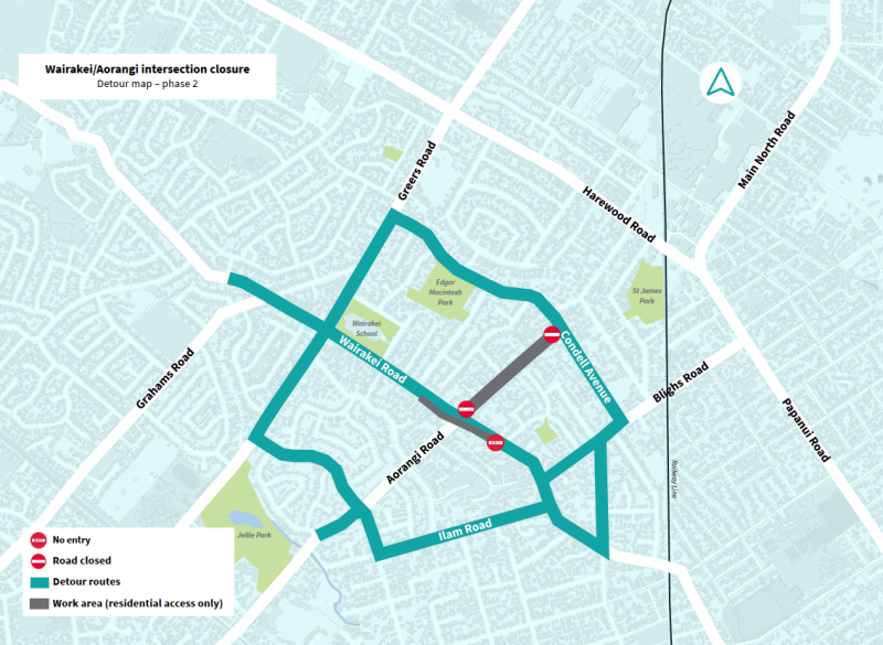 Phase 2 detour route Wairakei Road citybound one-way system